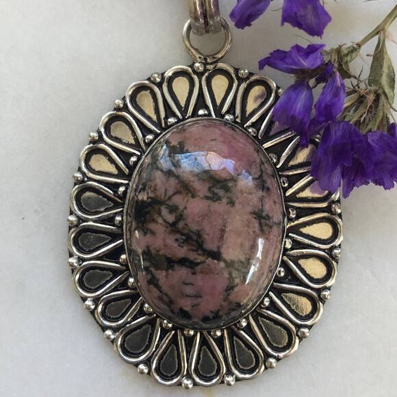 Hand Crafted Jewelry - 925 Sterling Large Rhodonite Oval Pendant